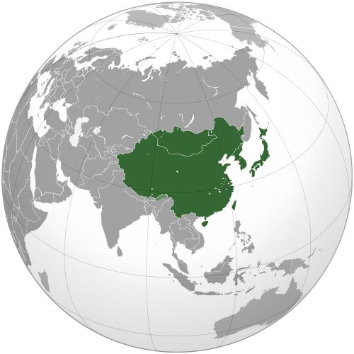 Восточная Азия на карте полушария (без Дальнего Востока России)